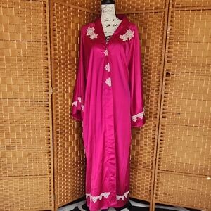 Elegant Vibrant Pink Satin Style, Long Loungewear Robe w Lace Trim And Sequins